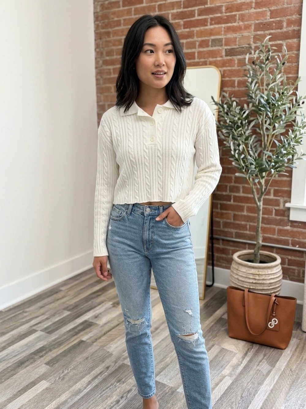 Lock the Label Cropped Cable Knit Polo Sweater in Cream Small